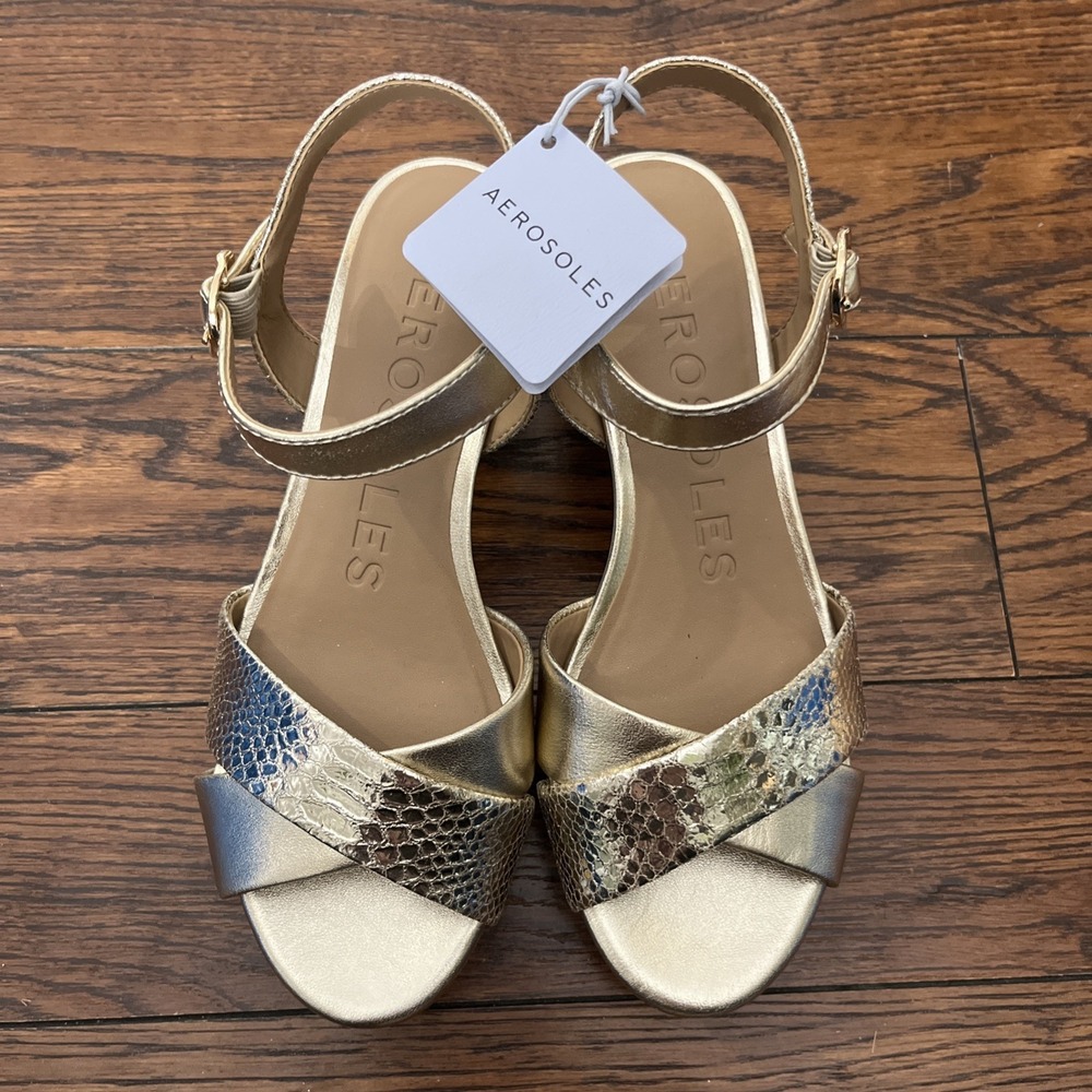 Aerosoles Cosmos Gold Soft Leather Platform Heels Women's 7.5 Metallic Snake - Picture 3 of 7